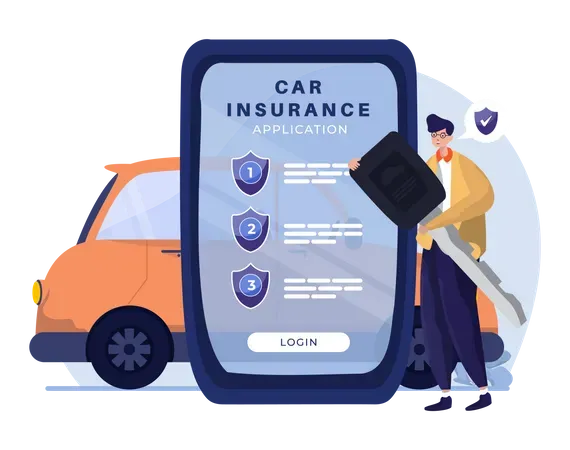 Illustration of a person holding a car key next to a smartphone showing a car insurance application.