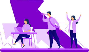An illustration of a diverse team working together, with one person at a laptop, another looking forward through a spyglass, and a third celebrating success, representing career growth and vision at Spinny Capital.